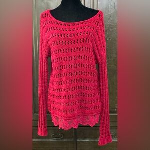 Cato Burgundy /Red crochet long sleeve sweater w/lace - Size Large